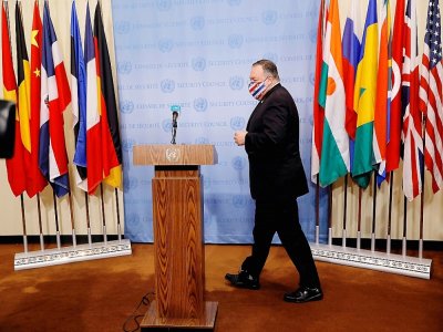 Le chef de la diplomatie américaine Mike Pompeo le 20 août 2020, après avoir réclamé à l'ONU le rétablissement des sanctions anti-Iran - MIKE SEGAR [POOL/AFP/Archives]