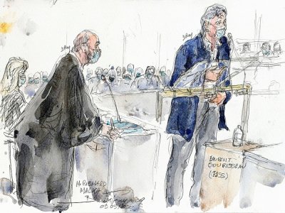 Croquis d'audience au procès des attentats de 2015 lors du passage à la barre de Riss, le 9 septembre 2020 - Benoit PEYRUCQ [AFP/Archives]