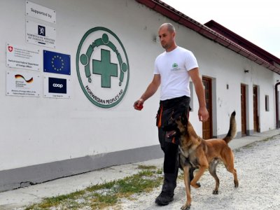 Un malinois entraîné à la recherche de mines avec son maître au centre de dressage global de l'Aide populaire norvégienne (APN), le 20 septembre 2020, près de Sarajevo, en Bosnie - ELVIS BARUKCIC [AFP]