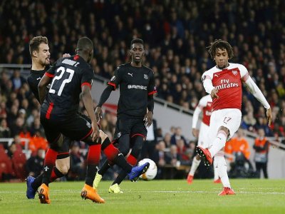 L'attaquant d'Arsenal Alex Iwobi tire au but lors du dernier match européen de Rennes, un 8e de finale retour de Ligue Europa perdu 3-0 à l'Emirates Stadium de Londres le 14 mars 2019 - Ian KINGTON [AFP/Archives]