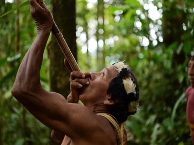 L'Indien waorani Tiri Nenquimo utilise une sarbacane, près de Nemompare, en Equateur, le 14 avril 2019 - RODRIGO BUENDIA [AFP]
