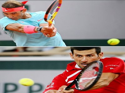 L'Espagnol Rafael Nadal (en haut) et le Serbe Novak Djokovic lors de leur demi-finale de Roland-Garros, le 9 octobre 2020 - Anne-Christine POUJOULAT, Thomas SAMSON [AFP]