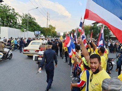 Des partisans pro-royalistes agitent le drapeau thaïlandais lors du passage du cortège royal, le 14 octobre 2020 à Bangkok - Mladen ANTONOV [AFP]