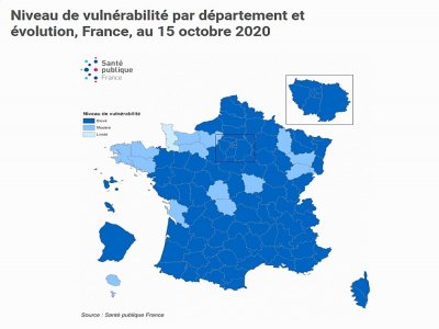 Chaque jour, Santé Publique France met à jour le niveau de vulnérabilité des départements français.