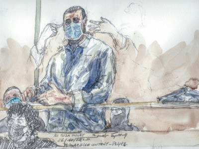 Un croquis d'audience d'Ali Riza Polat, au procès des attentats de janvier 2015, à la cour d'assises spéciale de Paris, le 26 octobre 2020 - Benoit PEYRUCQ [AFP]