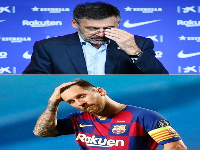 Le président du FC Barcelone, Josep Maria Bartomeu, le 19 août 2020, et l'attaquant argentin Lionel Messi, le 14 août 2020 - Josep LAGO, Manu Fernandez [AFP/Archives]