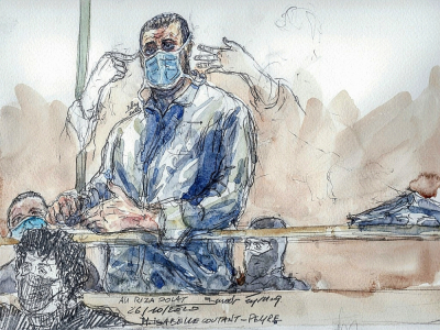Un croquis d'audience d'Ali Riza Polat, au procès des attentats de janvier 2015, à la cour d'assises spéciale de Paris, le 26 octobre 2020 - Benoit PEYRUCQ [AFP]