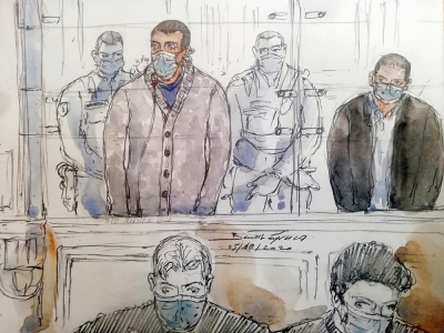 Croquis d'audience de Sid-Ahmed Ghlam lors de son procès à Paris, le 5 octobre 2020 - Benoit PEYRUCQ [AFP/Archives]