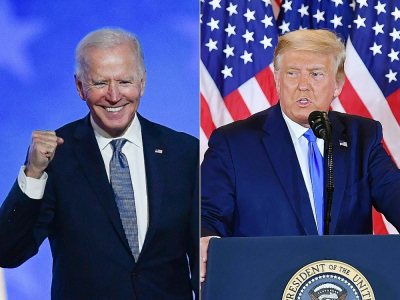 Photo montage créé le 4 novembre 2020 de Joe Biden lors de son discours à Wilmington et du président Trump à la Maison Blanche, tous deux intervenants le 4 novembre 2020 - ANGELA  WEISS, MANDEL NGAN [AFP]