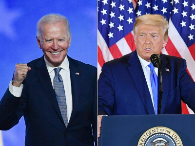 Joe Biden à Wilmington, dans le Delaware, et le président Donald Trump à la Maison Blanche, s'expriment lors de la nuit électorale du 3 au 4 novembre 2020 - ANGELA  WEISS, MANDEL NGAN [AFP]