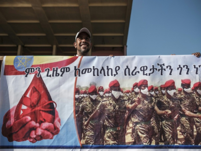 Un homme porte une bannière soutenant les soldats éthiopiens au combat au Tigré, à Addis Abeba, le 12 novembre 2020 - EDUARDO SOTERAS [AFP]