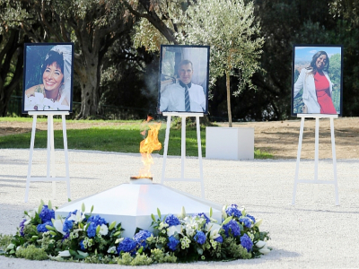 Les portraits des trois victimes de l'attentat de la basilique Notre-Dame-de-l'Assomption , lors de l'hommage rendu à Nice, le 7 novembre 2020 - Valery HACHE [POOL/AFP/Archives]