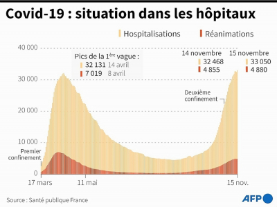 Graphique montrant l'évolution des hospitalisations et des réanimations en France, au 15 novembre - [AFP]