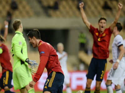 L'attaquant espagnol Alvaro Morata fête son but lors du match de groupes de la Ligue des Nations contre l'Allemagne, à Séville, le 17 novembre 2020 - CRISTINA QUICLER [AFP]