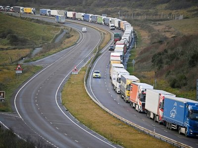 Des camions en l'attente à l'approche du port de Douvres, dans le sud-est du Royaume-Uni, le 28 décembre 2020 - BEN STANSALL [AFP]