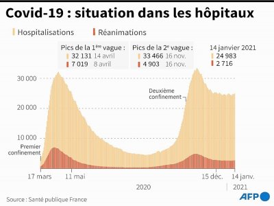 Graphique montrant l'évolution des hospitalisations et des réanimations en France, au 14 janvier - [AFP]