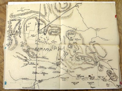 Plan de la bataille d'Austerlitz dessiné par un fidèle de Napoléon, le général Henri-Gatien Bertrand, exposé dans une galerie parisienne, le 25 janvier 2021 - Thomas COEX [AFP]