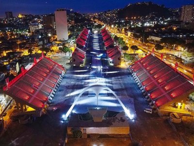 Le sambodrome de Rio illuminé aux couleurs des écoles de samba en hommage aux victimes du Covid-19, le 12 février 2021 au Brésil - Andre COELHO [AFP]