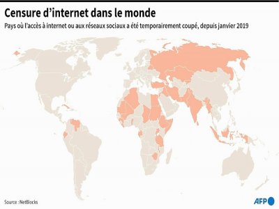 Carte des pays où l'accès à internet ou aux réseaux sociaux a été temporairement coupé, dans un contexte de crise politique, depuis janvier 2019 - Cléa PÉCULIER [AFP]
