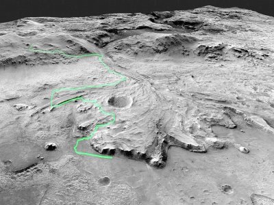L'un des trajets envisagés par la Nasa pour le rover Perseverance sur Mars, dans le cratère de Jezero dont les scientifiques pensent qu'il contenait autrefois un lac - Handout [NASA/AFP]