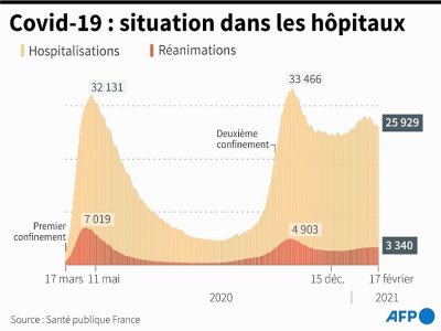 Graphique montrant l'évolution des hospitalisations et des réanimations en France, au 17 février - [AFP]