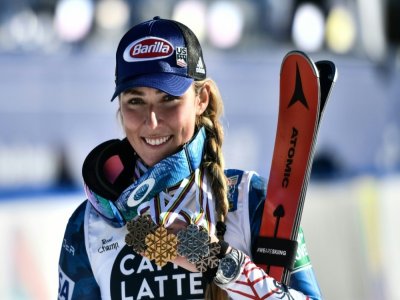 L'Américaine Mikaela Shiffrin, médaillée de bronze du slalom des Mondiaux de Cortina d'Ampezzo, le 20 février 2021 - Fabrice COFFRINI [AFP]