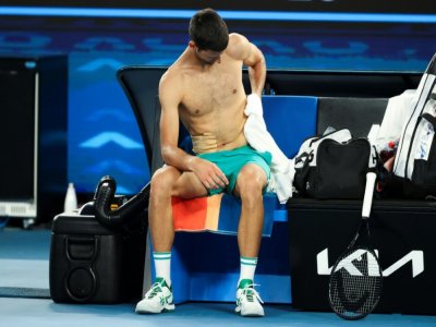 Novak Djokovic lors de sa demi-finale face à Aslan Karatsev, à l'Open d'Australie, le 18 février 2021 à Melbourne - David Gray [AFP]