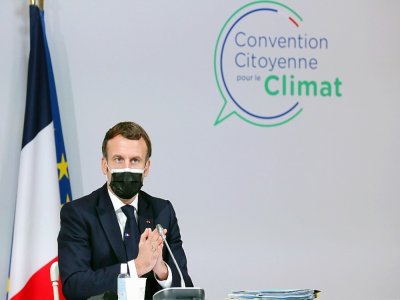 Le président Emmanuel Macron, lors d'un discours auprès des  membres de la Convention citoyenne pour le climat, le 14 décembre 2020, à Paris - Thibault Camus [POOL/AFP/Archives]