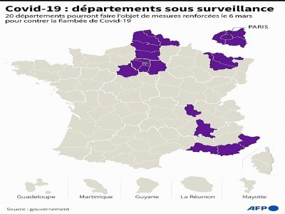 Carte localisant les 20 départements français placés sous surveillance renforcée par le gouvernement le 25 février - [AFP]