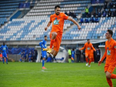 L'attaquant Gaëtan Laborde, buteur pour Montpellier en Coupe de France à Alès, le 6 mars 2021 - Sylvain THOMAS [AFP]