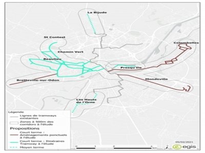 En vert, le projet d'itinéraire du tramway à l'étude, du centre-ville vers l'ouest de Caen.