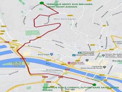 Le tracé prévisionnel prévoit d'éviter volontairement le centre de l'agglomération pour relier l'université à la rive gauche de Rouen.