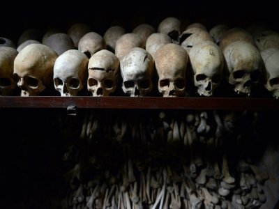 Crânes humains exposés dans le Mémorial du génocide dans une église catholique où des milliers de personnes ont été massacrées à Nyamata, au Rwanda,
le 4 avril 2014 - Simon MAINA [AFP/Archives]