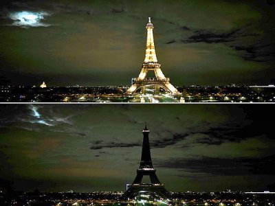 Combinaison de photos prises le 27 mars 2021, montrant la Tour Eiffel Tower à Paris avant et après son extinction - Stéphane DE SAKUTIN [AFP]