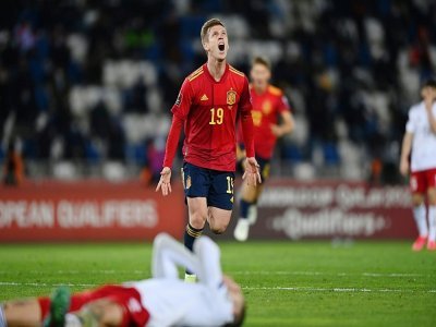 L'attaquant espagnol Daniel Olmo célèbre son but contre la Géorgie en match de qualification pour le Mondial-2022, à Tbilissi, le 28 mars 2021 - Kirill KUDRYAVTSEV [AFP]