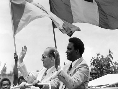 Le président français François Mitterrand (g) et son homologue rwandais Juvenal Habyarimana, le 7 octobre 1982 à Kigali - PIERRE GUILLAUD [AFP/Archives]