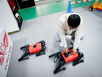 Un ingénieur contrôle un robochien baptisé AlphaDog dans l'atelier de l'entreprise Weilan à Nankin, le 2 avril 2021 - WANG ZHAO [AFP]