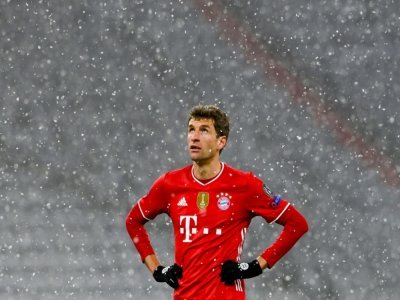 L'attaquant du Bayern Munich, Thomas Mueller, pendant le quart de finale aller de Ligue des champions contre le PSG à Munich, le 7 avril 2021 - Christof STACHE [AFP]