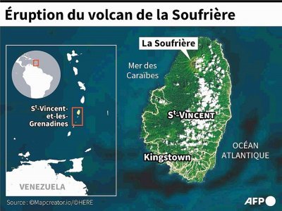 Carte localisant le volcan de La Soufrière dans le nord de l'île Saint-Vincent, entré en éruption le 9 avril 2021 - Sofiane OUANES [AFP]