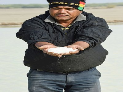Le paludier indien Raju Rupabhai Thakor montre des cristaux de sel, le 8 janvier 2021, dans les marais salants de Kharaghoda, près d'Ahmedabad - SAM PANTHAKY [AFP]