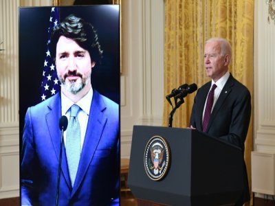 Le Premier ministre canadien Justin Trudeau a été le premier dirigeant étranger convié à un sommet virtuel par le président américain Joe Biden, le 23 février 2021 à Washington - SAUL LOEB [AFP]