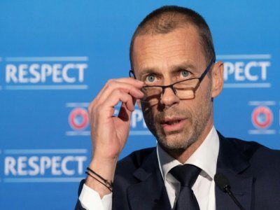 Le président de l'UEFA, Aleksander Ceferin, en conférence de presse à Montreux (Suisse), le 19 avril 2021 - Richard Juilliart [UEFA/AFP]