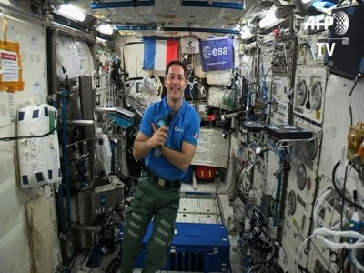 Thomas Pesquet donnant une interview à l'AFP depuis l'ISS, le 30 mai 2017 lors de sa première mission - STR [EUROPEAN SPACE AGENCY/AFP/Archives]