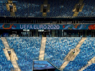Une tribune du stade de Saint-Pétersbourg lors d'une présentation marquant les 50 jours avant l'ouverture de l'Euro 2020, le 22 avril 2021 - Olga MALTSEVA [AFP]