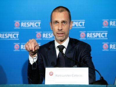 Le président de l'UEFA, Aleksander Ceferin, en conférence de presse à Montreux, le 19 avril 2021 - Richard Juilliart [UEFA/AFP/Archives]