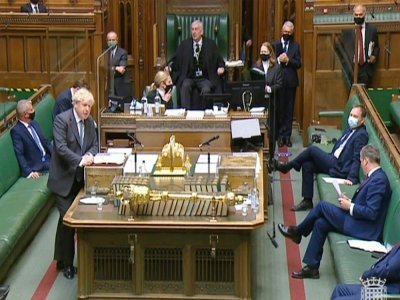 Le Premier ministre britannique Boris Johnson le 28 avril 2021 au Parlement, dans une capture d'image vidéo de la Parliamentary Recording Unit (PRU) - - [PRU/AFP]