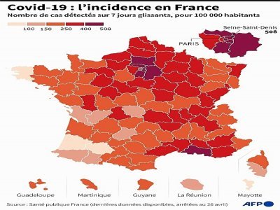 Nombre de cas détectés du 20 au 26 avril par département, pour 100 000 habitants, selon Santé publique France - [AFP]