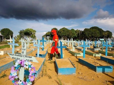 Un employé de pompes funèbres au milieu de tombes de victimes du Covid-19 dans un cimetière de Manaus (Brésil), le 29 avril 2021 - MICHAEL DANTAS [AFP]