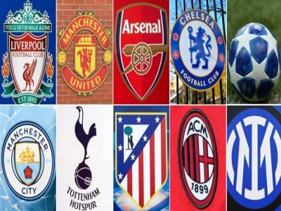 (g à d) Combophoto des logos des clubs sanctionnés par l'UEFA: Liverpool, Manchester United, Arsenal, Chelsea, Manchester City, Tottenham, Atletico Madrid, et AC Milan, le 7 mai 2021 - STF [AFP]