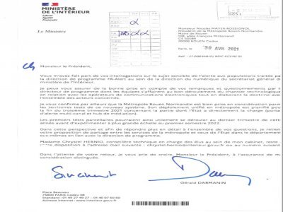 Le courrier adressé par Gérald Darmanin, le ministre de l'Intérieur, au président de la Métropole de Rouen, Nicolas Mayer-Rossignol.